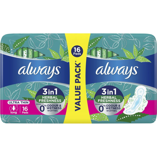 أولويز | فوط بانتعاش الاعشاب صحية رفيعة وطويلة بالاجنحة | 16 فوطة