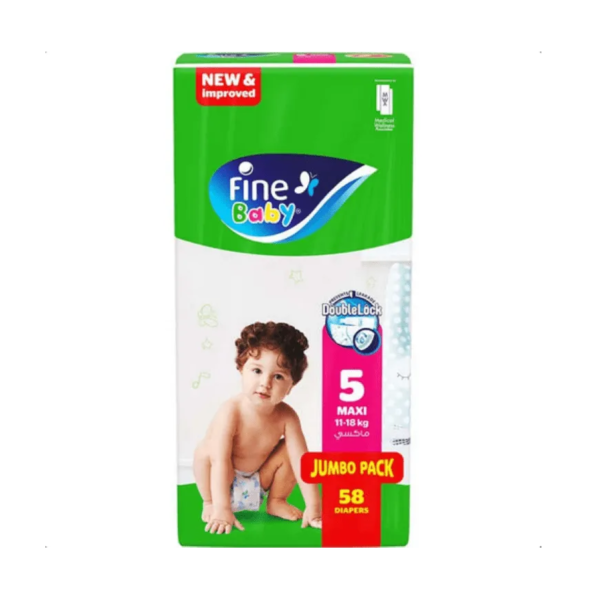 فاين بيبي | حفاضات اطفال بيبي ماكسي عبوة التوفير 11-18كجم مقاس 5 | 58 قطعة